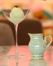 Vanilla sundae ice cream in glass cup with chocolate topping on table at restaurant background. sweet food concept Royalty Free Stock Photo