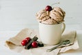 Vanilla sundae ice cream with sweet cherry and chocolate in cup Royalty Free Stock Photo