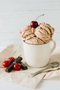 Vanilla sundae ice cream with sweet cherry and chocolate in cup Royalty Free Stock Photo