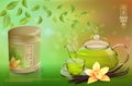 Tea advertising flyer, poster or banner template. Green tea ad, with tea leaves, glass cup, teapot, package jar and Royalty Free Stock Photo