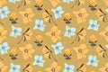 Vanilla vector seamless pattern with pale blue and yellow flowers.