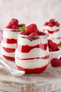 Vanilla white chocolate mousse, trifle, panna cotta or parfait with raspberry sauce in a glass jar. Sweet summer dieting dessert Royalty Free Stock Photo