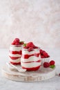 Vanilla white chocolate mousse, trifle, panna cotta or parfait with raspberry sauce in a glass jar. Sweet summer dieting dessert Royalty Free Stock Photo
