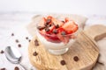 Vanilla yogurt bowl topped with fresh strawberries and sugar free chocolate chips. Royalty Free Stock Photo