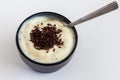 Vanilla yogurt cup with chocolate sprinkles and spoon - fun pudding with copy space Royalty Free Stock Photo