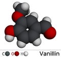 Vanillin molecule. It is flavor compound. Molecular model. 3D rendering Royalty Free Stock Photo