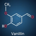 Vanillin molecule. It is flavor compound. Skeletal chemical formula on the dark blue background Royalty Free Stock Photo