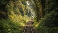 Vanishing point leads to tranquil forest, abandoned railroad track forgotten generated by AI