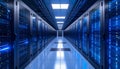 Deep perspective of a data center aisle with numerous server racks and blue indicator lights Royalty Free Stock Photo