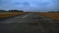 Vanishing point shot of a wide road crossing an orange field