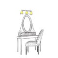 Vanity table and folding chair illustration.