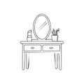 Vanity table with lipstick mirror and cosmetic brushes line art illustration Royalty Free Stock Photo