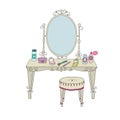 Vanity table with makeup and a chair.