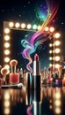 Makeup mirror with red lipstick and colorful smoke effects on vanity table Royalty Free Stock Photo
