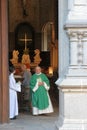 Vannes Brittany France. Priest in his vestments in door of cathedral