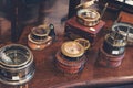 Vannes, FRANCE - JULY 2018: The display of the marine sea shop, selective focus Ã¢â¬â Image. Vintage compasses collection with price Royalty Free Stock Photo