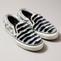 Black And White Zebra Slip-on Shoes With Furry Art Style