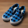 Vans Classic Slip On Plaid Shoes: Blue And Black Flannel Stripes