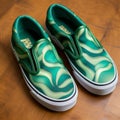 Vans Slip Ons With Green And White Swirls - Anamorphic Art Style