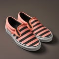 Vans Slip On Shoes: Black And Orange Striped Pattern, Photorealistic Still Life Style