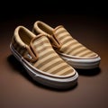 Vans Slip On Striped Twill Slippers In Beige And White