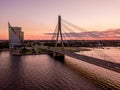 Vansu bridge over the Daugava river during the sunset in the evening in Riga, Latvia Royalty Free Stock Photo