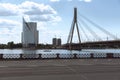 Vansu bridge over river Daugava Riga, Latvia. City view of bridge, office building and street Royalty Free Stock Photo