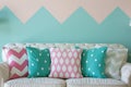 Vantage modern decor styles for bedding, cushions, pillows on pastel background with copy space