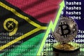 Vanuatu flag and rising green arrow on bitcoin mining screen and two physical golden bitcoins
