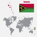Vanuatu map on a world map with flag and map pointer. Vector illustration