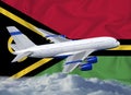 Vanuatu, Port Vila flag with white airplane and clouds. The concept of tourist international passenger transportation