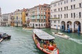 Vaparetto water bus, water taxis/ taxicabs and other boats sailing between buildings in the Grand Canal, Venice