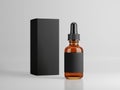Vape bottle with liquid, blank black label and box on white background. 3d rendering mockup
