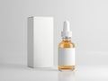 Vape bottle with liquid, blank label and box on white background