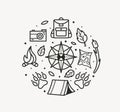 Adventure travel line art style. Compass, paws, backpack, tent, bonfire, camera, map for tourist symbol, travel badge, expedition