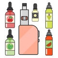 Vape device vector set cigarette vaporizer vapor juice bottle flavor illustration battery coil.