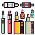 Vape device vector set cigarette vaporizer vapor juice bottle flavor illustration battery coil.