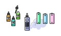 Vape set. Atomizer, bottles with liquids, batteries. Royalty Free Stock Photo