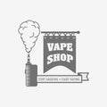 Vape shop badge, logo or symbol design concept. Vaping box mod and vapor cloud vector illustration isolated on white Royalty Free Stock Photo