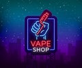 Vape shop neon sign, billboard. Vector illustration. Neon sign, a night glowing banner selling electronic cigarettes