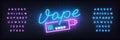 Vape shop neon template. Glowing lettering sign Vape shop