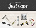 Vape vector illustration of vaporizer and accessories Royalty Free Stock Photo