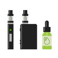 Vaping device and accessory. Electronic cigarette and bottles with vape liquid. Royalty Free Stock Photo