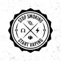 Vaping vector round monochrome emblem, label, badge or logo in vintage style on background with removable grunge