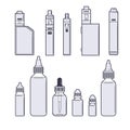 Vaping vector set. Juices and devices outline on white background.