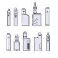 Vaping vector set. Vape devices outline on white background.