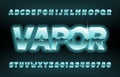 Vapor alphabet font. Glowing oblique letters and numbers in eighties style.