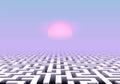 Vapor wave styled scenic landscape with maze below pink and blue sky and pale sun over labyrinth