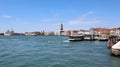 vaporetti of the island of VENICE in Italy with the bell tower o