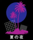 Vaporwave aesthetic t shirt illustration. Typography slogan vector for t shirt printing. . Japanese sign `Summer night`.